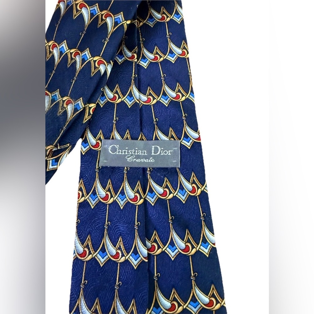 Christian Dior Cravate Silk Necktie Navy Blue Geometric Scallop Made Canada - Picture 4 of 7